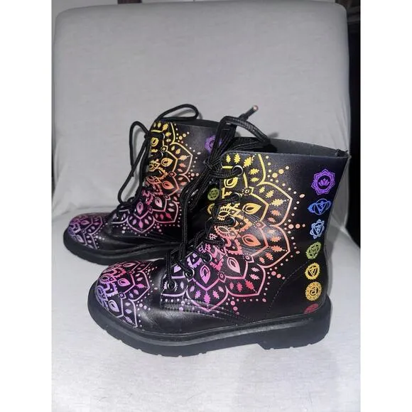 Yes We Vibe Vegan Leather Women's Boots Chakra Love 7W Black Mandala Print