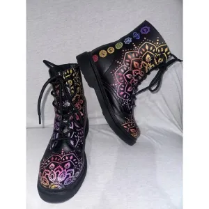 Yes We Vibe Vegan Leather Women's Boots Chakra Love 7W Black Mandala Print