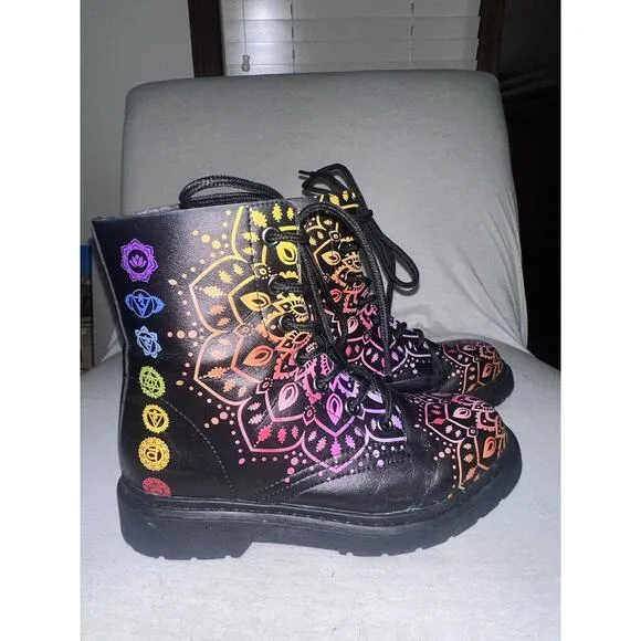 Yes We Vibe Vegan Leather Women's Boots Chakra Love 7W Black Mandala Print