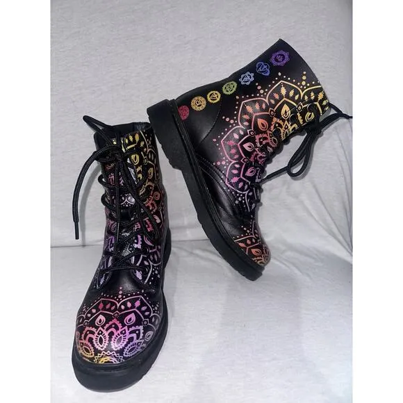 Yes We Vibe Vegan Leather Women's Boots Chakra Love 7W Black Mandala Print