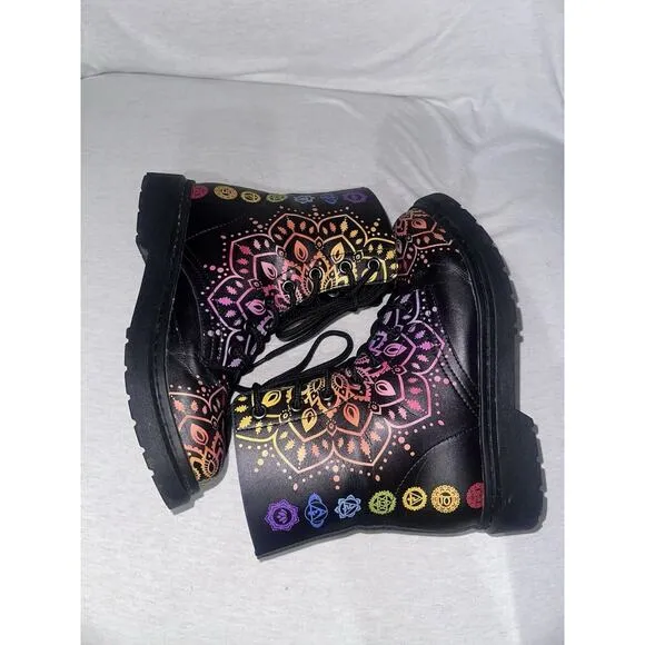 Yes We Vibe Vegan Leather Women's Boots Chakra Love 7W Black Mandala Print