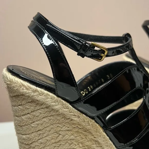 YSL black patent leather espadrille wedges