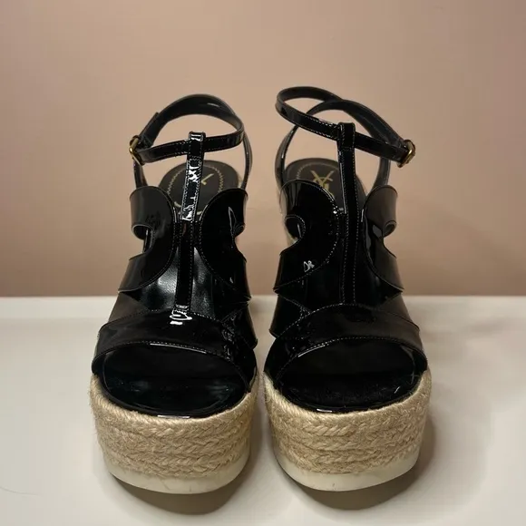 YSL black patent leather espadrille wedges
