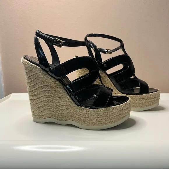 YSL black patent leather espadrille wedges