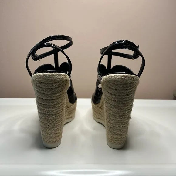 YSL black patent leather espadrille wedges