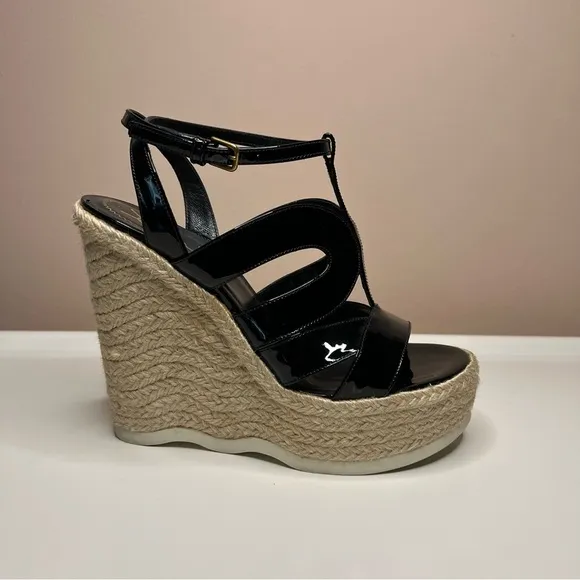 YSL black patent leather espadrille wedges