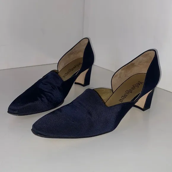 YSL Vintage ‘96 Vogue Navy Arianna D’Orsay pumps fabric &amp; leather Italy EUC 9N
