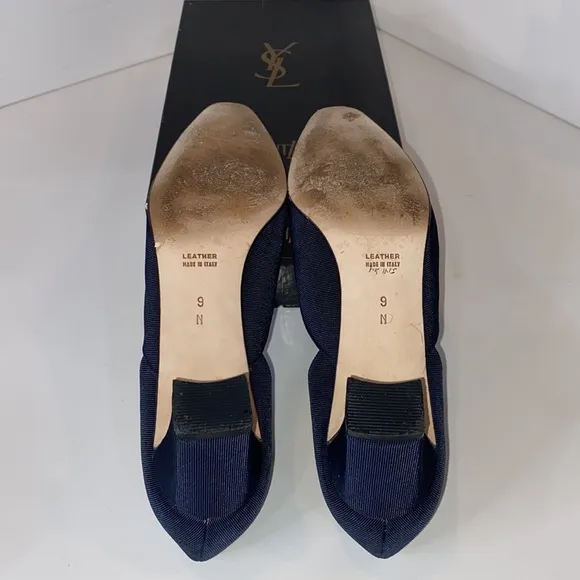 YSL Vintage ‘96 Vogue Navy Arianna D’Orsay pumps fabric &amp; leather Italy EUC 9N