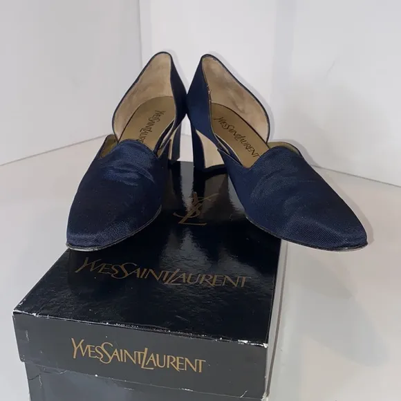 YSL Vintage ‘96 Vogue Navy Arianna D’Orsay pumps fabric &amp; leather Italy EUC 9N