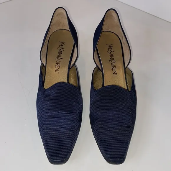 YSL Vintage ‘96 Vogue Navy Arianna D’Orsay pumps fabric &amp; leather Italy EUC 9N