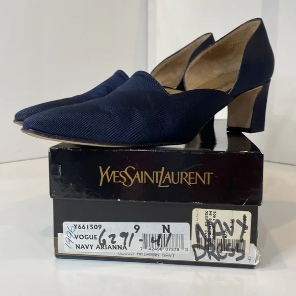 YSL Vintage ‘96 Vogue Navy Arianna D’Orsay pumps fabric &amp; leather Italy EUC 9N