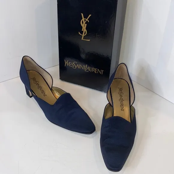 YSL Vintage ‘96 Vogue Navy Arianna D’Orsay pumps fabric &amp; leather Italy EUC 9N