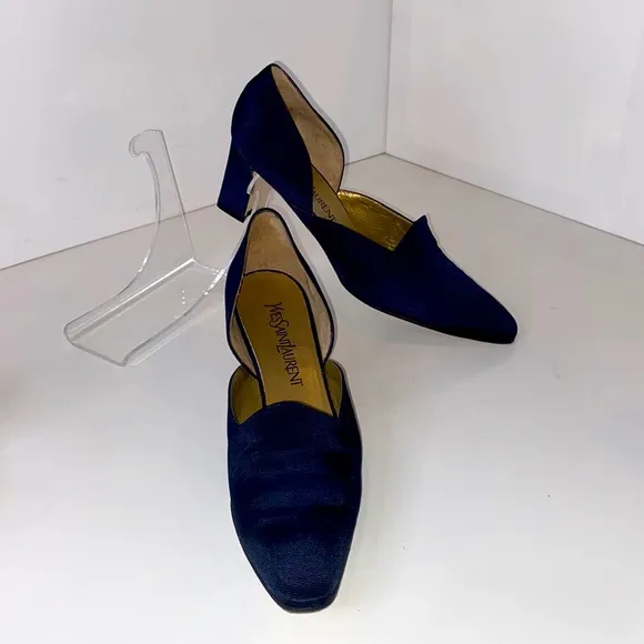 YSL Vintage ‘96 Vogue Navy Arianna D’Orsay pumps fabric &amp; leather Italy EUC 9N