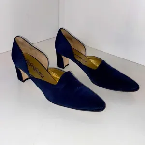 YSL Vintage ‘96 Vogue Navy Arianna D’Orsay pumps fabric &amp; leather Italy EUC 9N