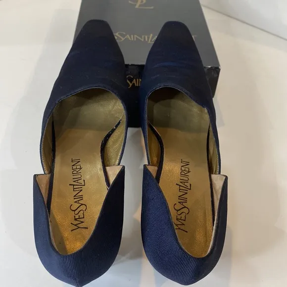 YSL Vintage ‘96 Vogue Navy Arianna D’Orsay pumps fabric &amp; leather Italy EUC 9N