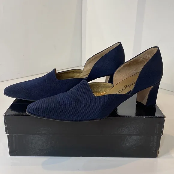 YSL Vintage ‘96 Vogue Navy Arianna D’Orsay pumps fabric &amp; leather Italy EUC 9N