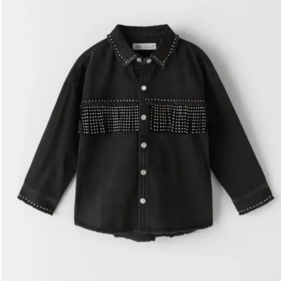 Zara Big Girl Fringed Western Cropped Black Denim Jacket US 8