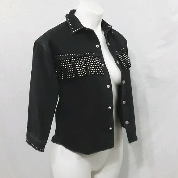 Zara Big Girl Fringed Western Cropped Black Denim Jacket US 8
