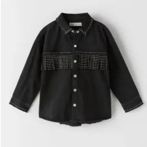 Zara Big Girl Fringed Western Cropped Black Denim Jacket US 8