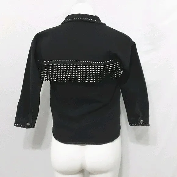 Zara Big Girl Fringed Western Cropped Black Denim Jacket US 8