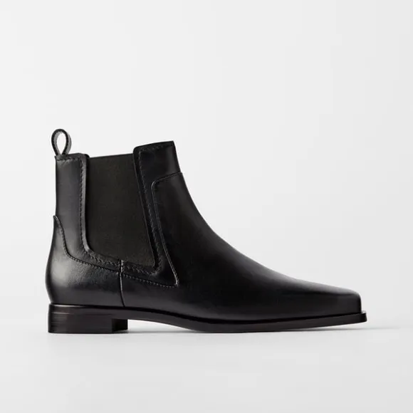 Zara black flat leather ankle boots