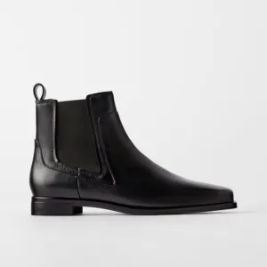 Zara black flat leather ankle boots