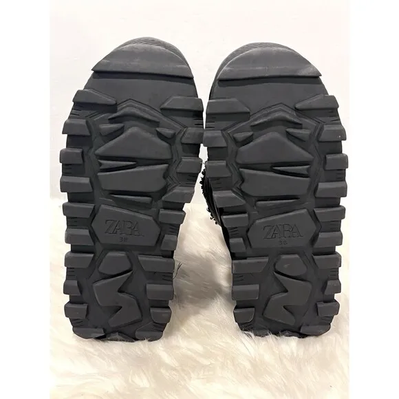 ZARA BLACK FLAT QUILTED ANKLE BOOTS WITH FAUX SHEARLING UK5 EUR38 US7.5