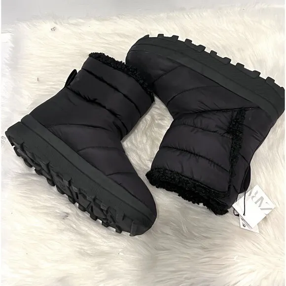 ZARA BLACK FLAT QUILTED ANKLE BOOTS WITH FAUX SHEARLING UK5 EUR38 US7.5