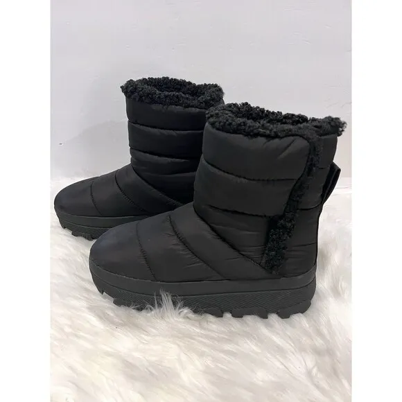 ZARA BLACK FLAT QUILTED ANKLE BOOTS WITH FAUX SHEARLING UK5 EUR38 US7.5