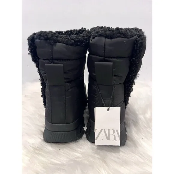 ZARA BLACK FLAT QUILTED ANKLE BOOTS WITH FAUX SHEARLING UK5 EUR38 US7.5