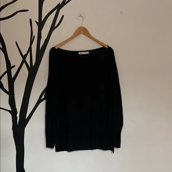 Zara black knit oversized boat neck top, L