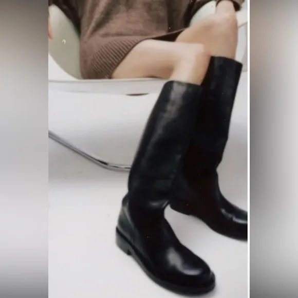 ZARA Black Leather Flat Leather Boots