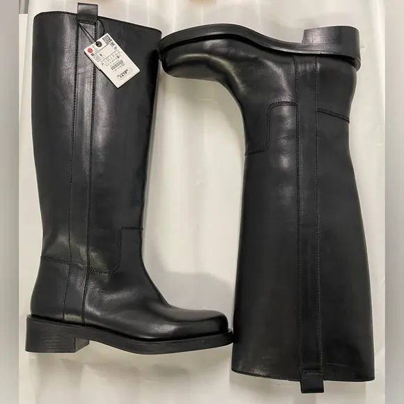 ZARA Black Leather Flat Leather Boots