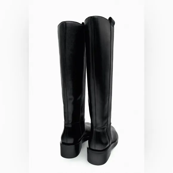 ZARA Black Leather Flat Leather Boots