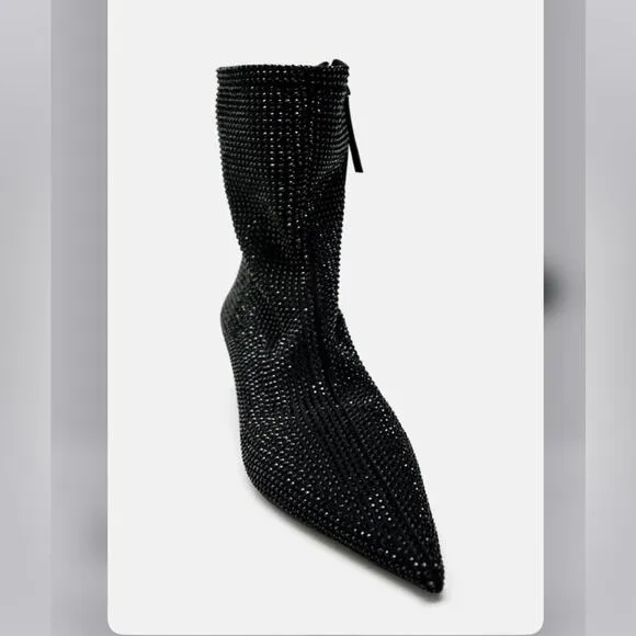 Zara Black RHINESTONE HEELED ANKLE BOOTS