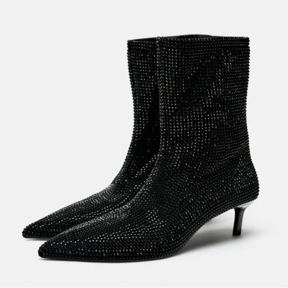 Zara Black RHINESTONE HEELED ANKLE BOOTS