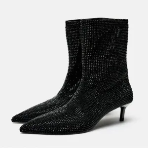 Zara Black RHINESTONE HEELED ANKLE BOOTS