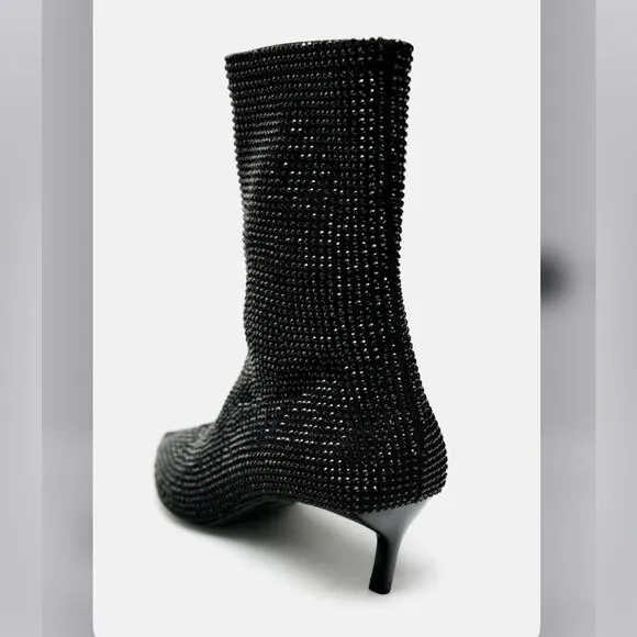 Zara Black RHINESTONE HEELED ANKLE BOOTS