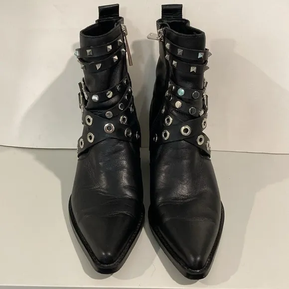 Zara Black Studded Leather Heeled Ankle Size 6