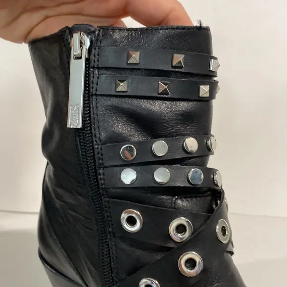Zara Black Studded Leather Heeled Ankle Size 6
