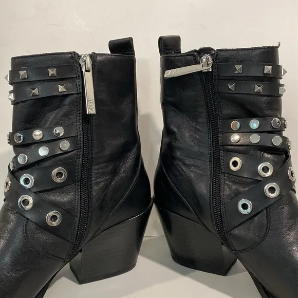 Zara Black Studded Leather Heeled Ankle Size 6