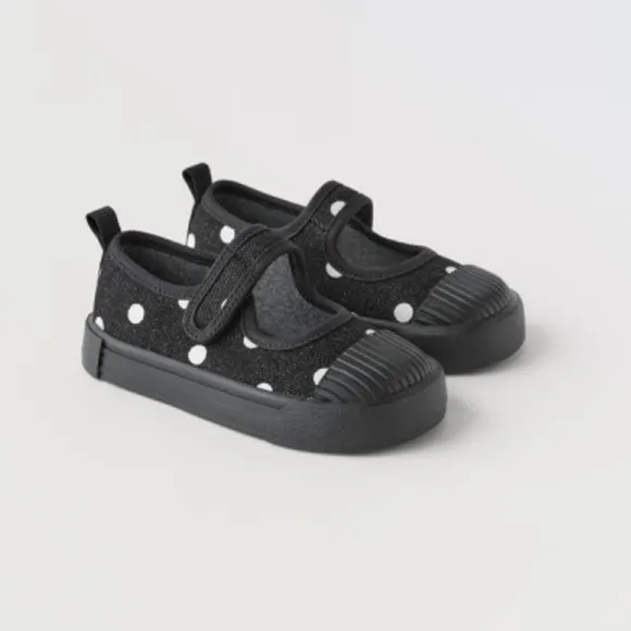 Zara Black White Polka Dot Canvas Maryjane Shoes