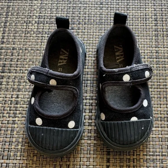 Zara Black White Polka Dot Canvas Maryjane Shoes