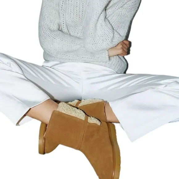 ZARA | Brown | FAUX SHEARLING FLAT LEATHER ANKLE BOOTS