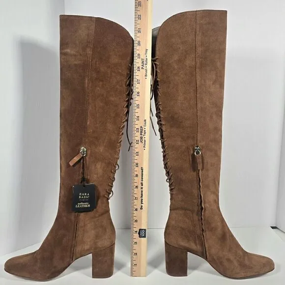 Zara Collection Suede Boots Womens US 8 Brown Camel Heeled Lace Up OTK Flawed
