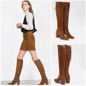 Zara Collection Suede Boots Womens US 8 Brown Camel Heeled Lace Up OTK Flawed
