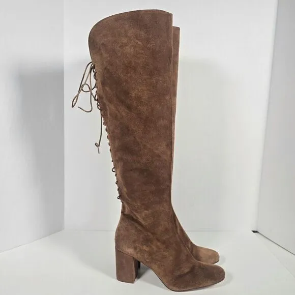 Zara Collection Suede Boots Womens US 8 Brown Camel Heeled Lace Up OTK Flawed