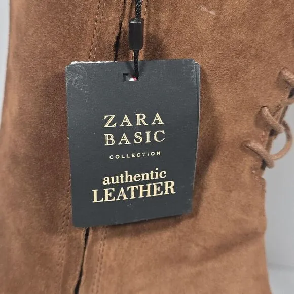 Zara Collection Suede Boots Womens US 8 Brown Camel Heeled Lace Up OTK Flawed