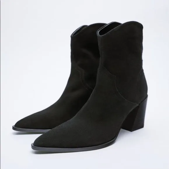 ZARA COWBOY SPLIT LEATHER HEELED ANKLE BOOTS