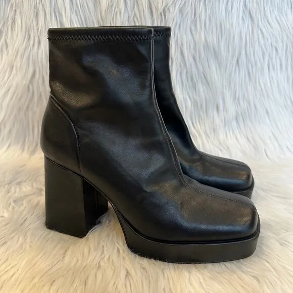 ZARA Faux Leather Platform Ankle Boots Square Toe Chunky Block Heeled, Black